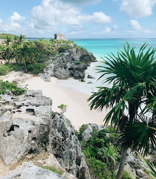 image of the beach in tulum with green palm trees as one of the top 10 tourist attractions in mexico 